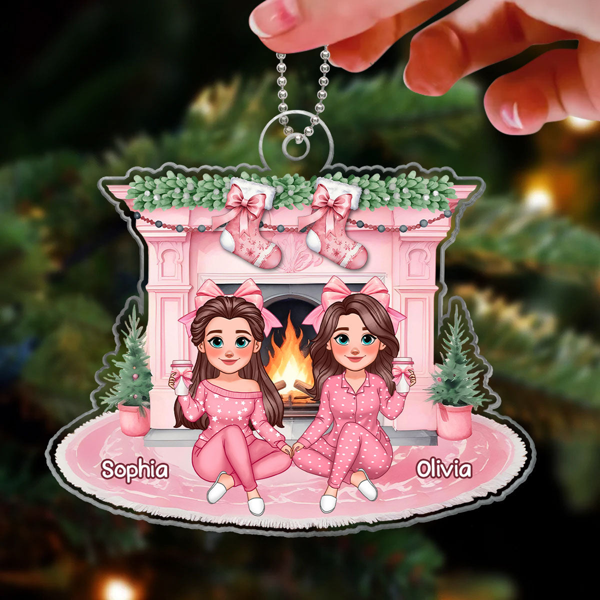 Christmas Coquette Besties Stocking On Pink Fireplace Personalized Acrylic Ornament