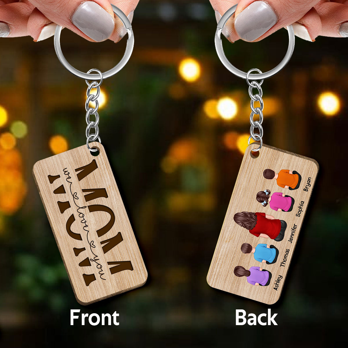 Best Mom Ever Back View Woman Kids Dog Cat Personalized Wooden Keychain