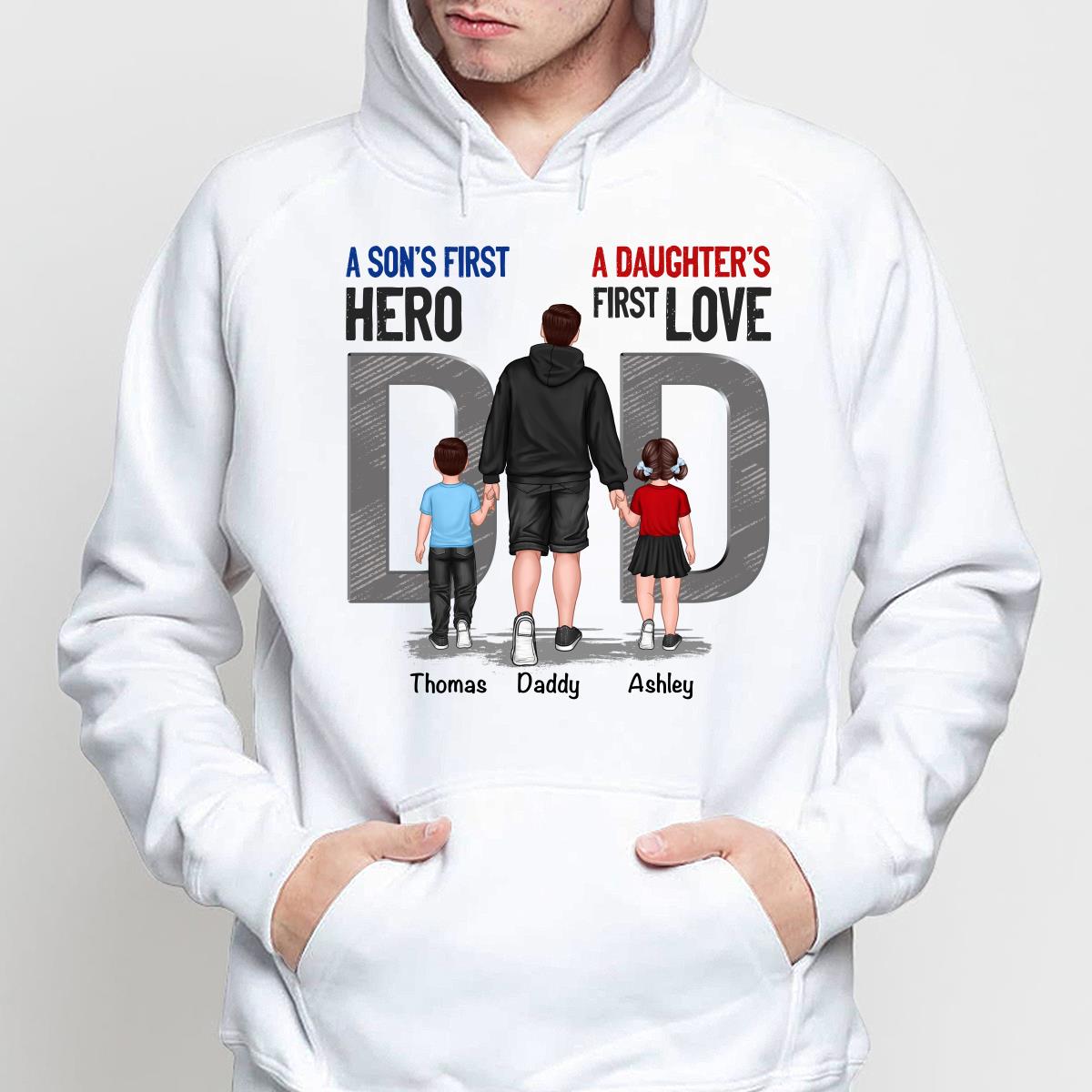 Son First Hero Daughter First Love Back View Dad And Son Daughter Kids Walking Personalized Shirt
