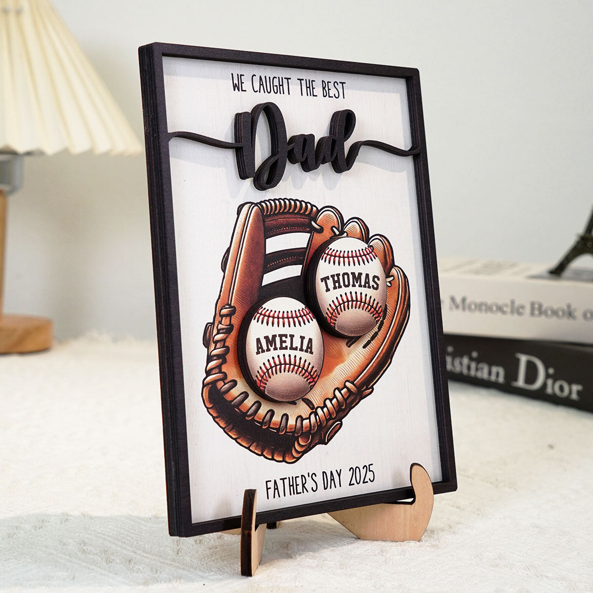 Personalized 2-Layered Wooden Plaque, Father’s Day Gift We Caught The Best Dad Throwing Ball, Custom Kid's Name