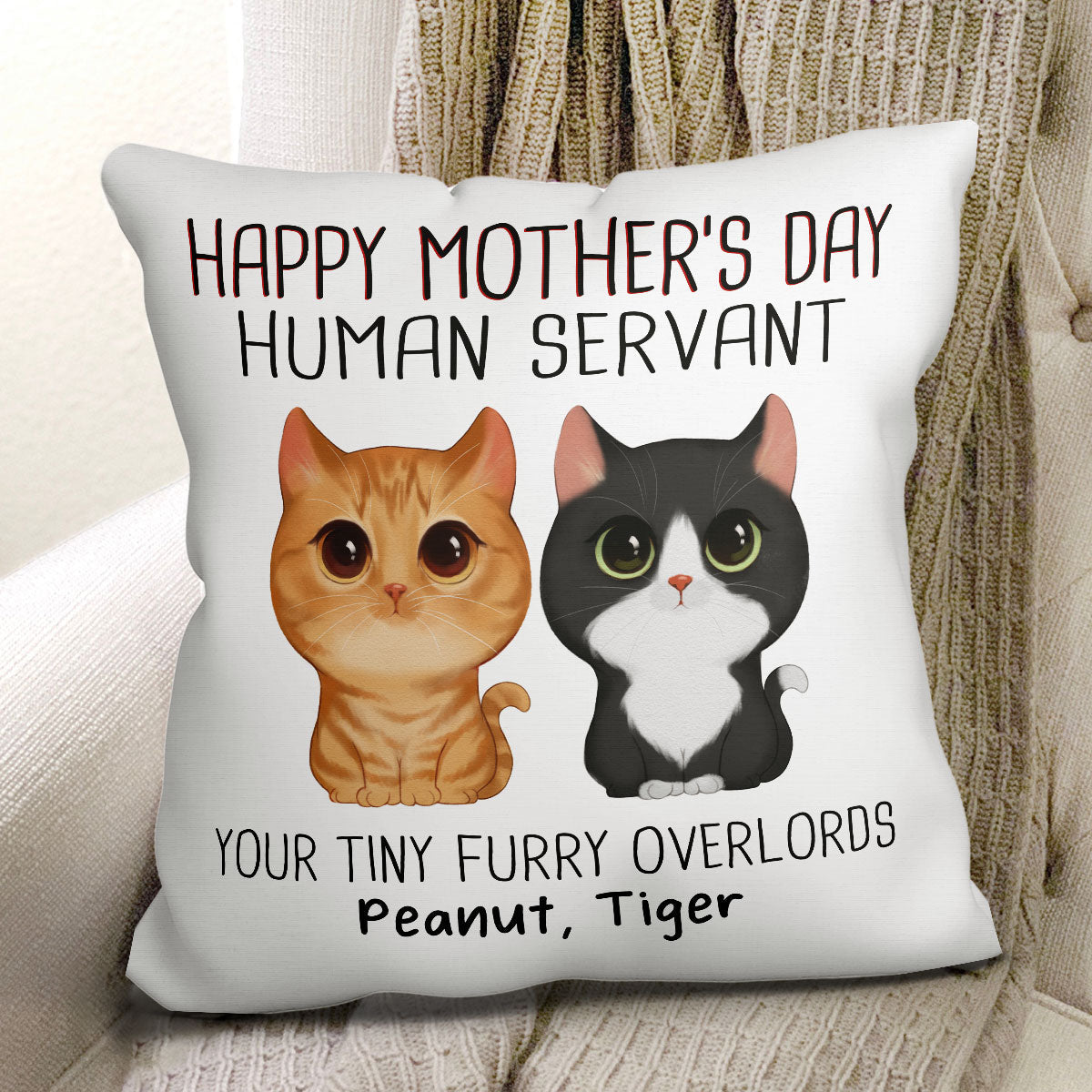 [Demo] Watercolor Cute Cats Happy Mother‘s Day Cat Human Servant Personalized Pillow