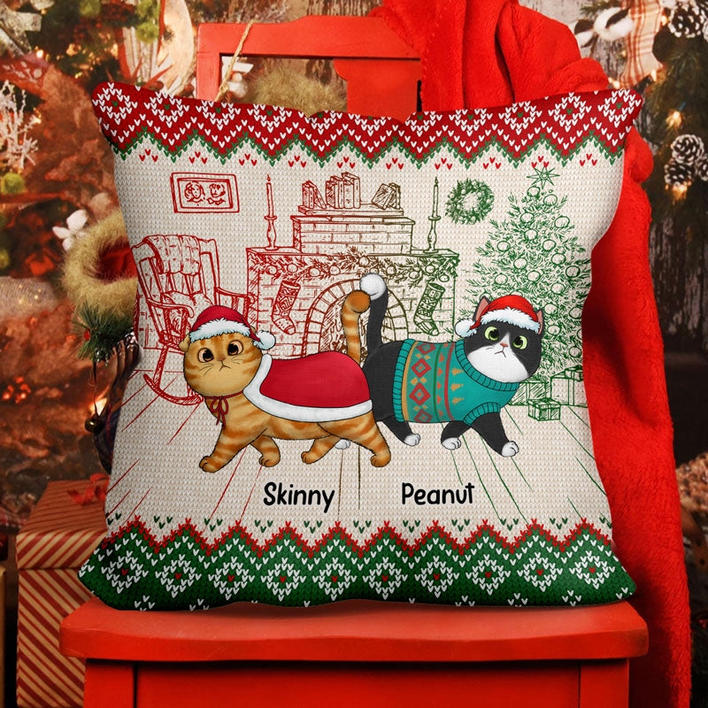 Ugly Sweater Pattern Walking Fluffy Cats Christmas Personalized Pillow (Insert Included)