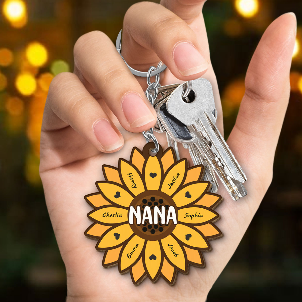 Sunflower Grandkids Children Name Gift For Mom Grandma Personalized Custom Shape Wooden Keychain