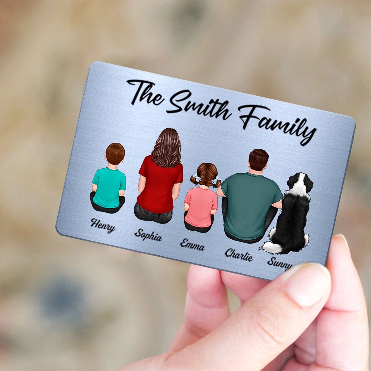 (campaign nang) Family Sitting Back View Couple Kid Dog Cat Personalized Wallet Insert Metal Wallet Card (campaign nang)