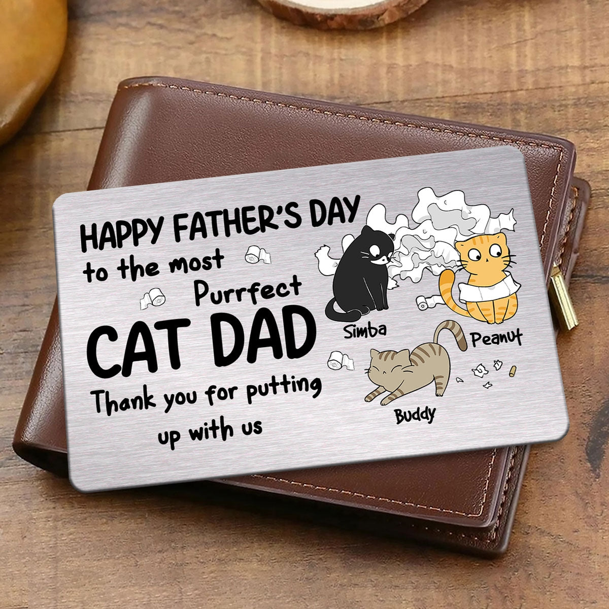 Happy Father‘s Day Cat Dad Toilet Paper Funny Gift Personalized Metal Wallet Card