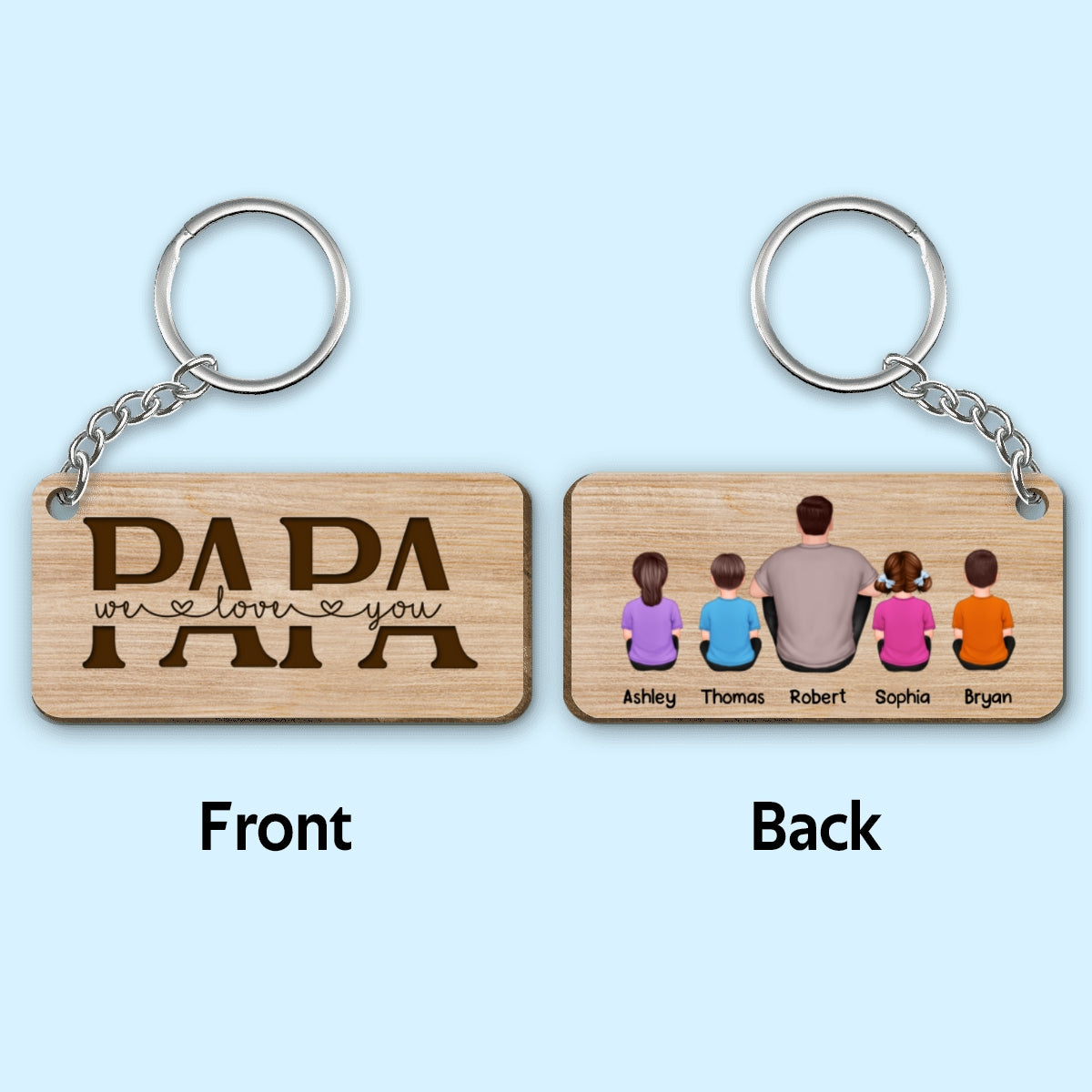 Best Papa Ever Back View Man Kids Dog Cat Personalized Wooden Keychain