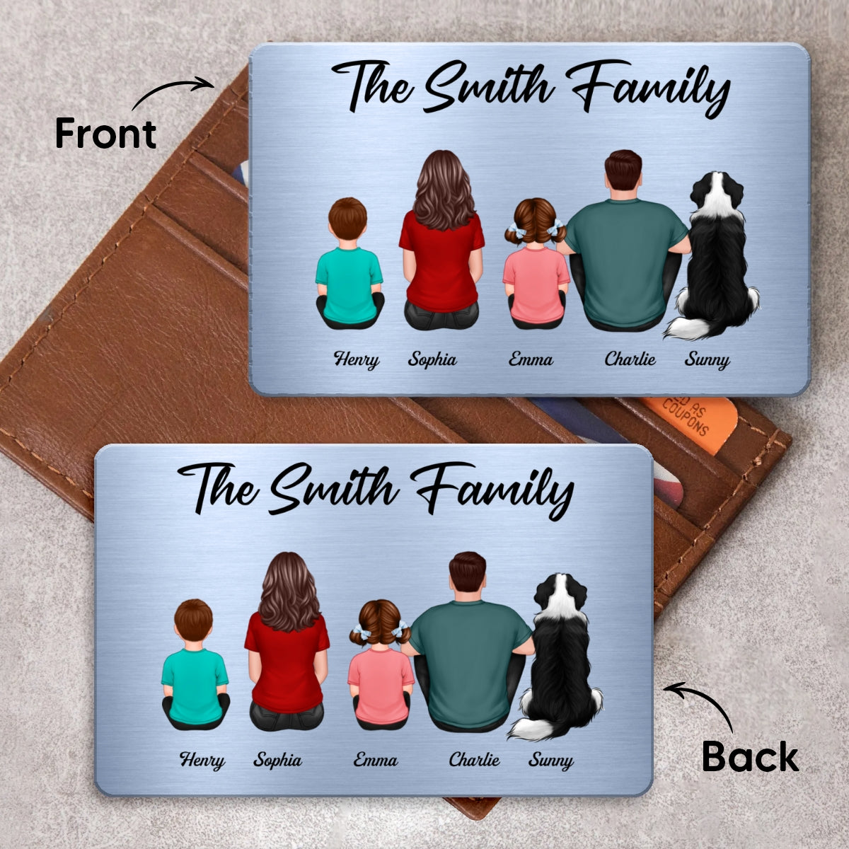 (campaign nang) Family Sitting Back View Couple Kid Dog Cat Personalized Wallet Insert Metal Wallet Card (campaign nang)