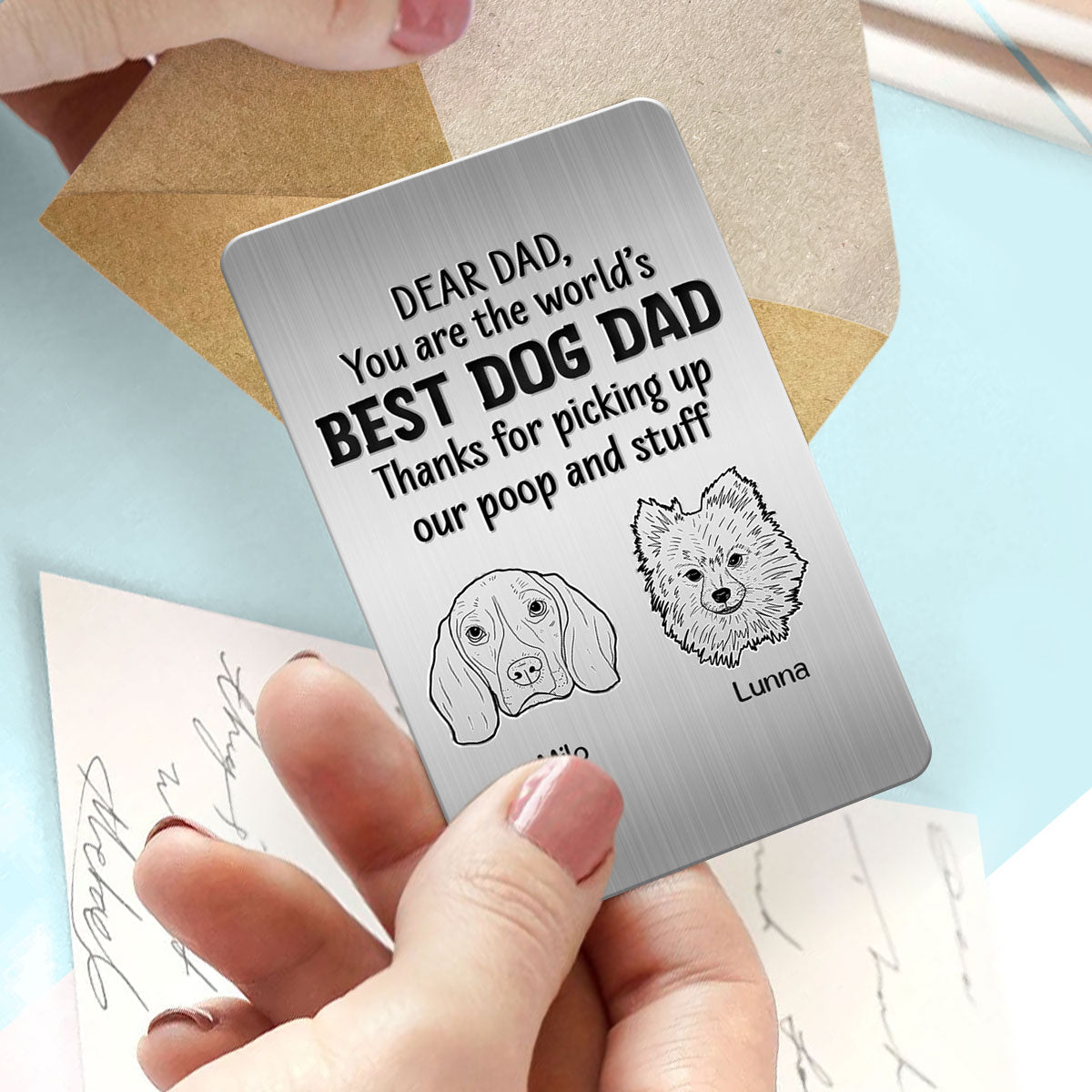 Best Dog Dad Ever Dog Head Outline Personalized Metal Wallet Card