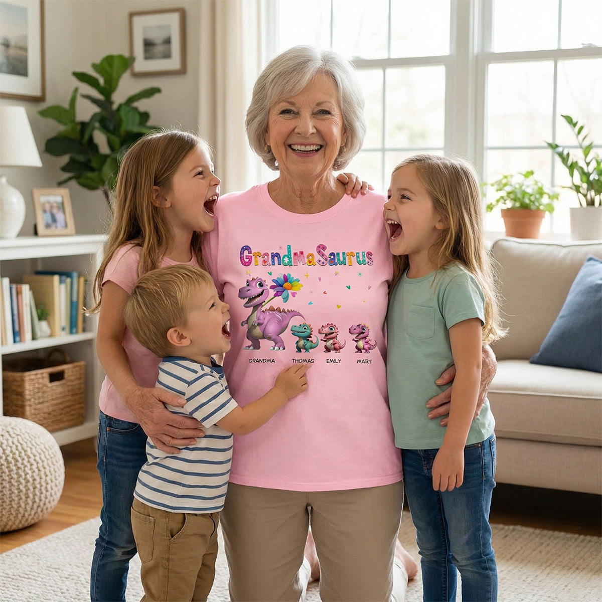 Grandmasaurus And Kids Colorful 3D Effect Dinosaurs - Personalized Shirt - Mother's Day Gift For Grandma