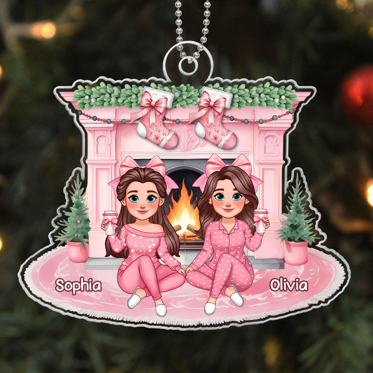 Christmas Coquette Besties Stocking On Pink Fireplace Personalized Acrylic Ornament