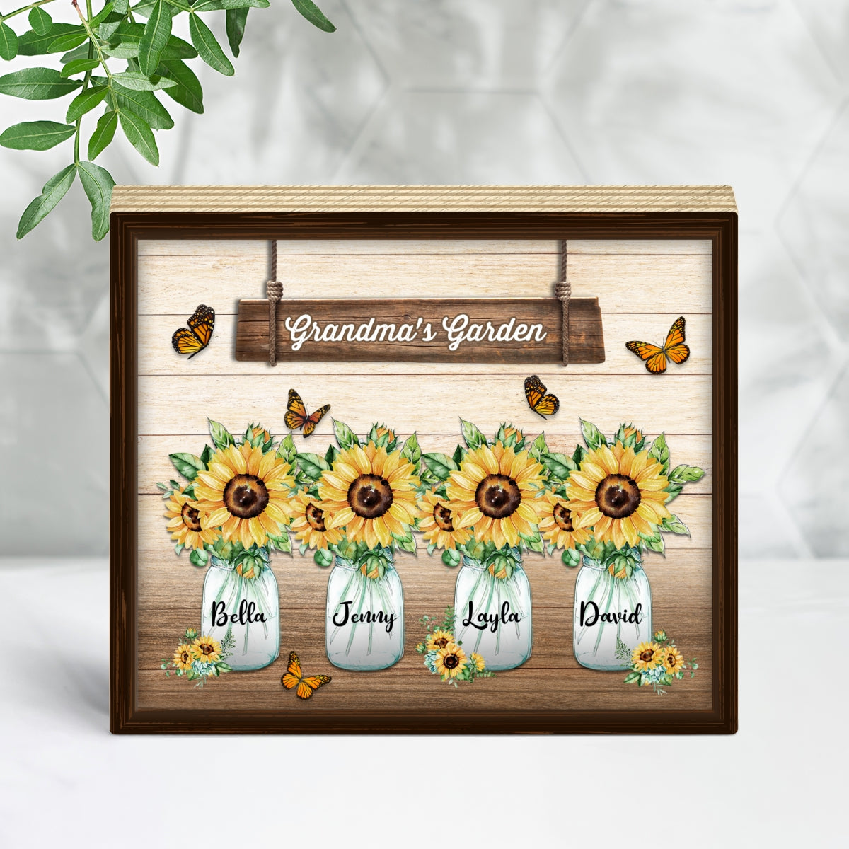 Grandma Mom Garden Sunflower Vase Personalized Horizontal Rectangle Wooden Plaque