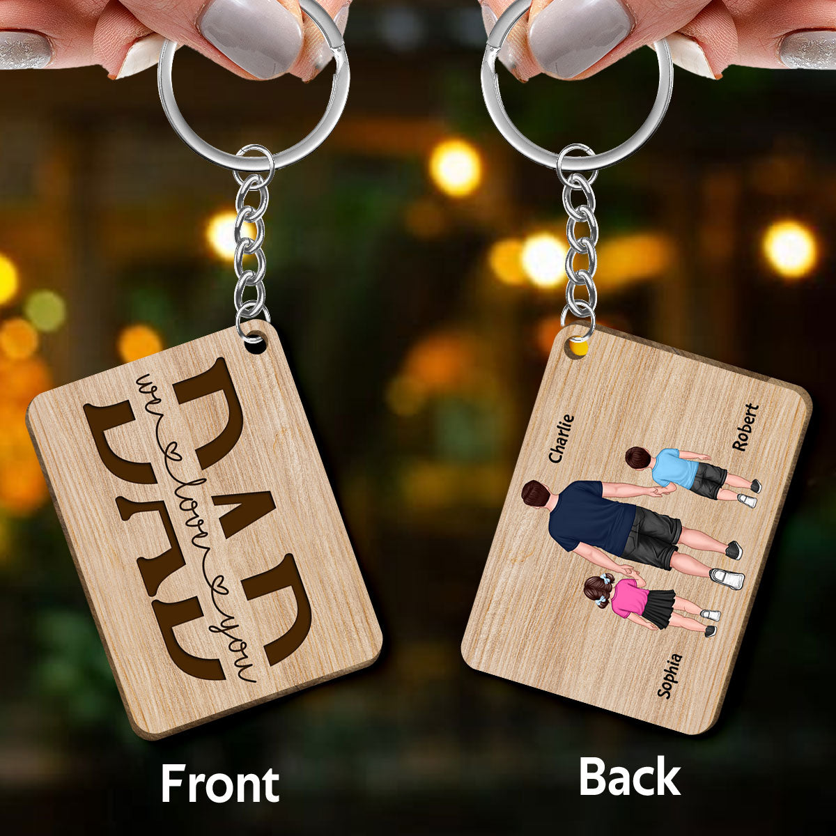 Best Dad Ever Back View Walking Dad & Kids Personalized Wooden Keychain