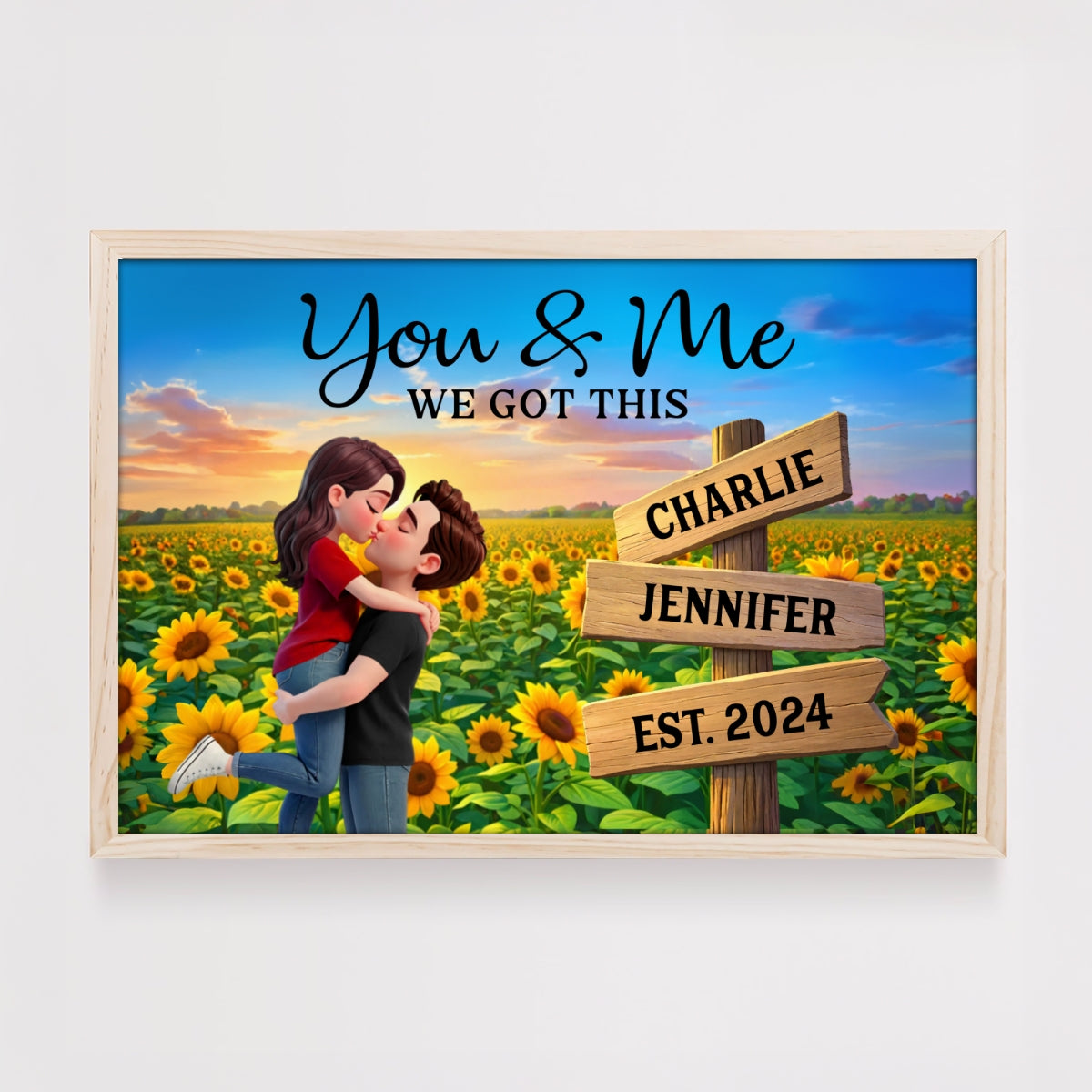 Eternal Love Couple Hugging Kissing Sunflower Field Sign Posts - Personalized Poster - Heartfelt Valentine, Anniversary Gift For Him, For Her