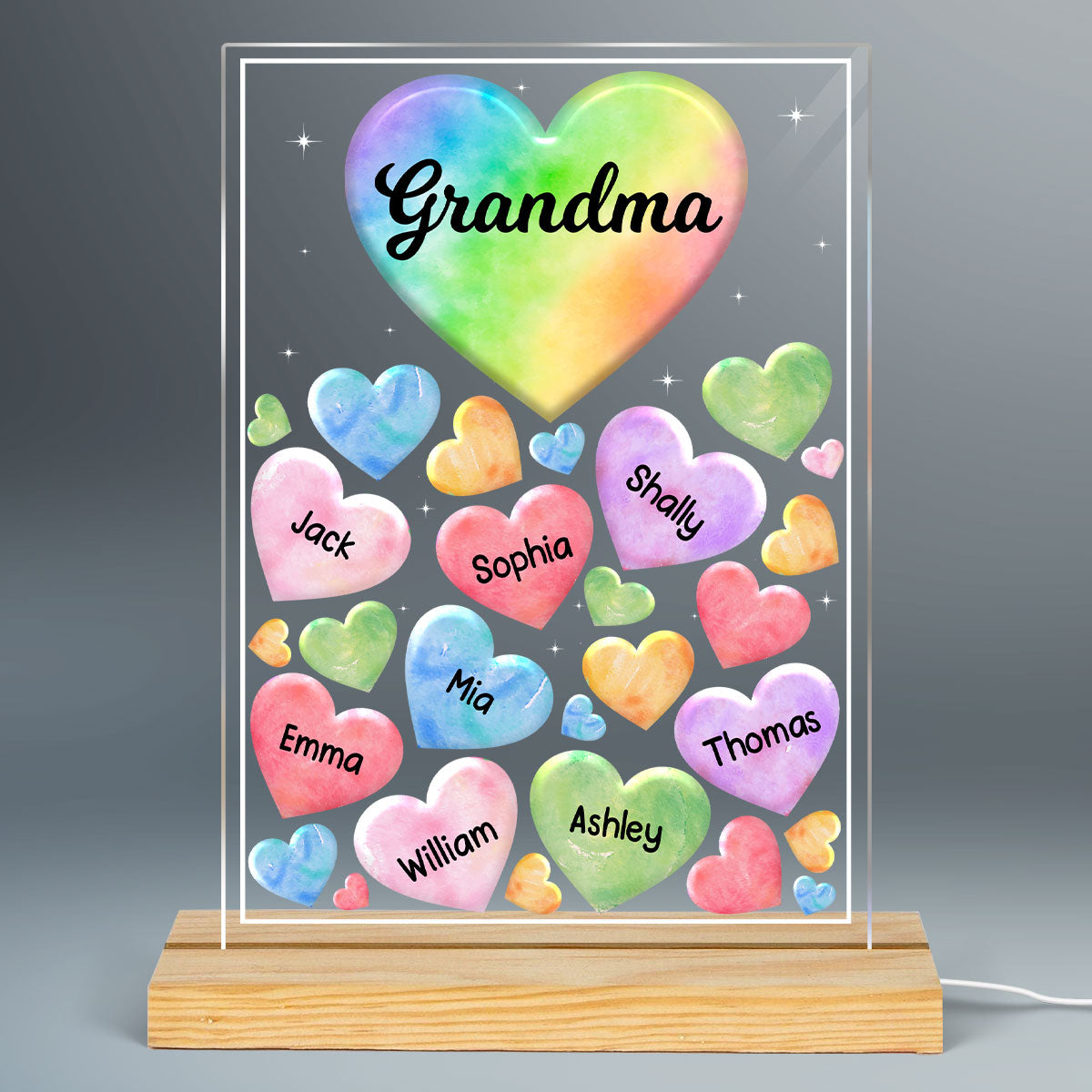 Grandma Mom Hearts Colorful Watercolor Personalized Acrylic LED Night Light