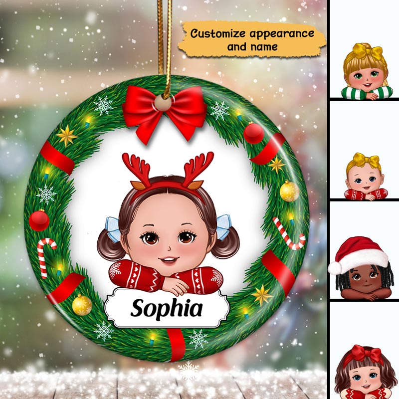 Cute Doll Kids Laying Head On Arms Inside Christmas Wreath Personalized Circle Ornament