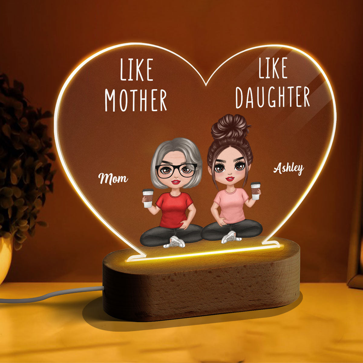 Like Mother Like Daughters Doll Mom And Daughters Sitting Gift For Mom Daughters Personalized Heart Plaque LED Night Light