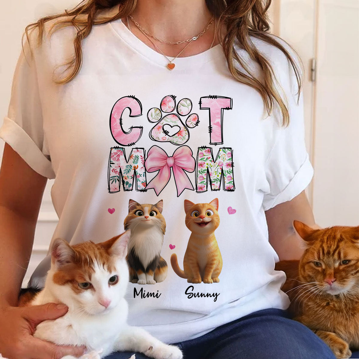 Cat Mom Pink Coquette Personalized Shirt, Cartoon Cute Cat, Gift for Cat Moms