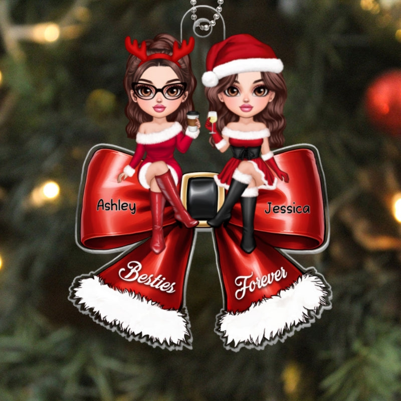 Pretty Christmas Besties Coquette Bow Personalized Acrylic Ornament
