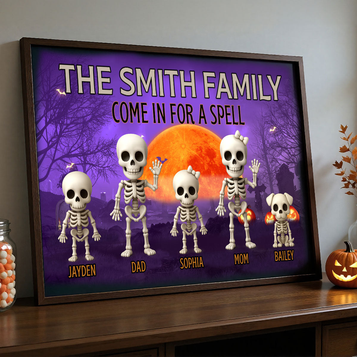 Halloween Funny Skeleton Family Personalized Poster, Halloween Decor
