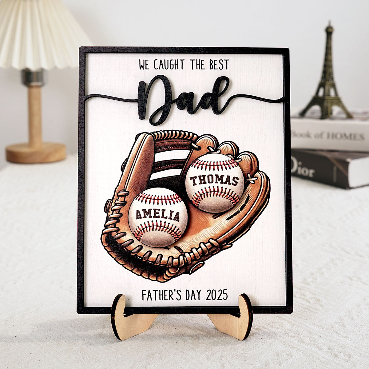 Personalized 2-Layered Wooden Plaque, Father’s Day Gift We Caught The Best Dad Throwing Ball, Custom Kid's Name