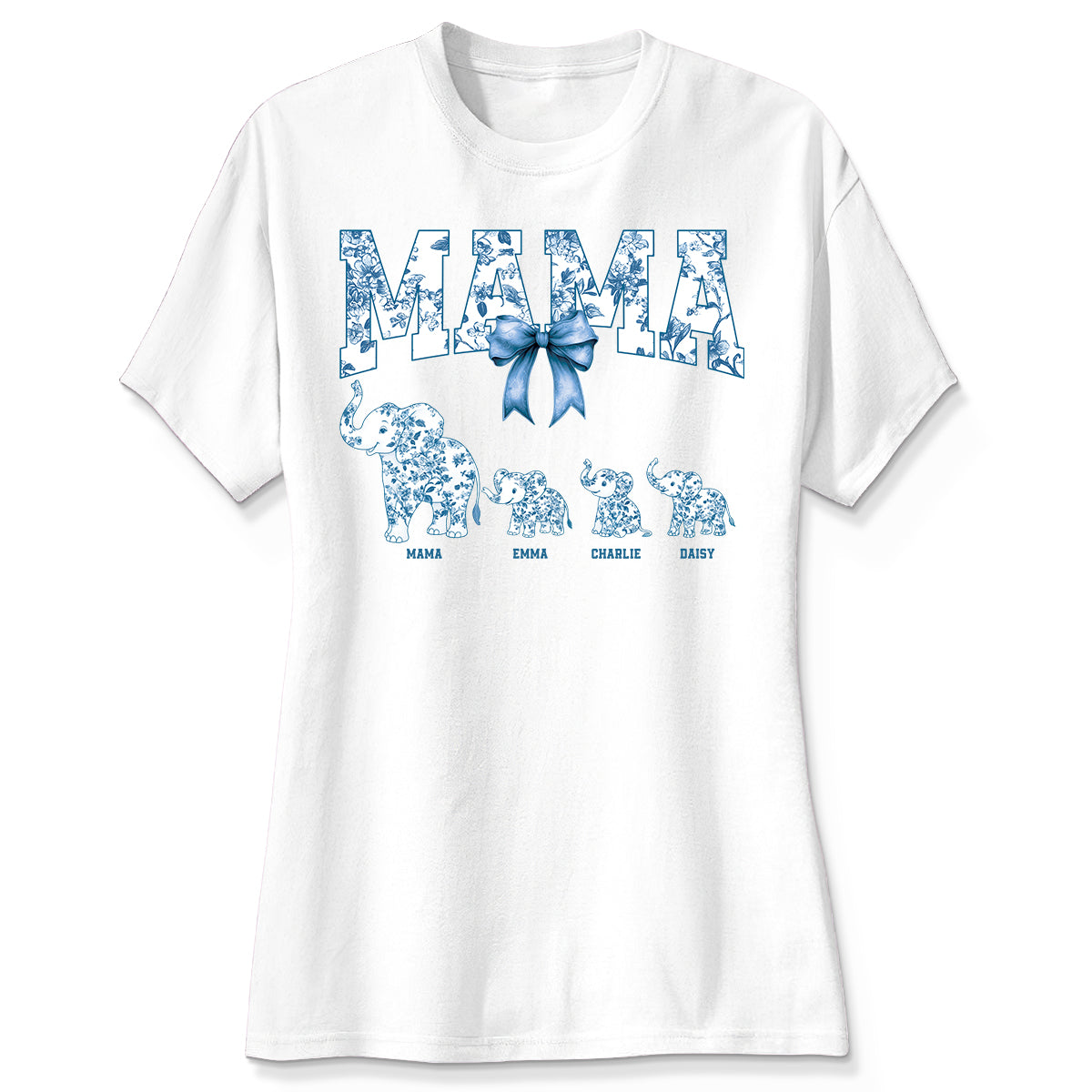 Elephant Grandma Mom Blue Floral Pattern Chinoiserie Personalized Shirt, Mother's Day gift
