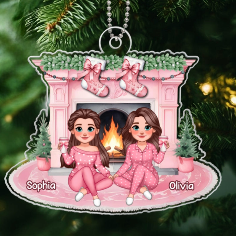 Christmas Coquette Besties Stocking On Pink Fireplace Personalized Acrylic Ornament