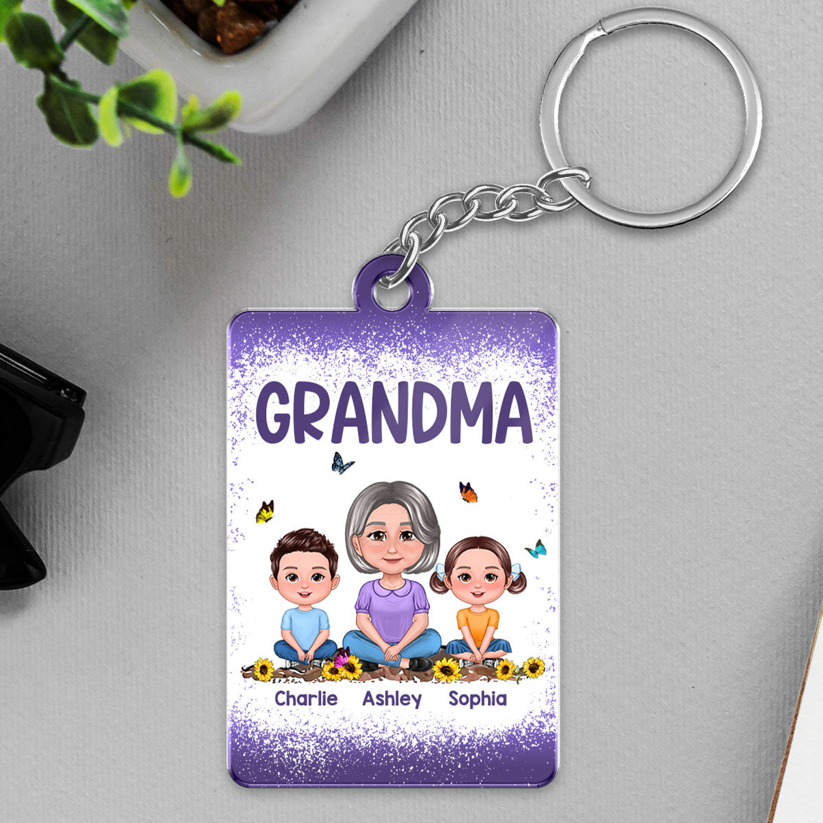 (campaign nang) Purple Grandma Mom Kids Butterflies Personalized Acrylic Keychain (campaign nang)