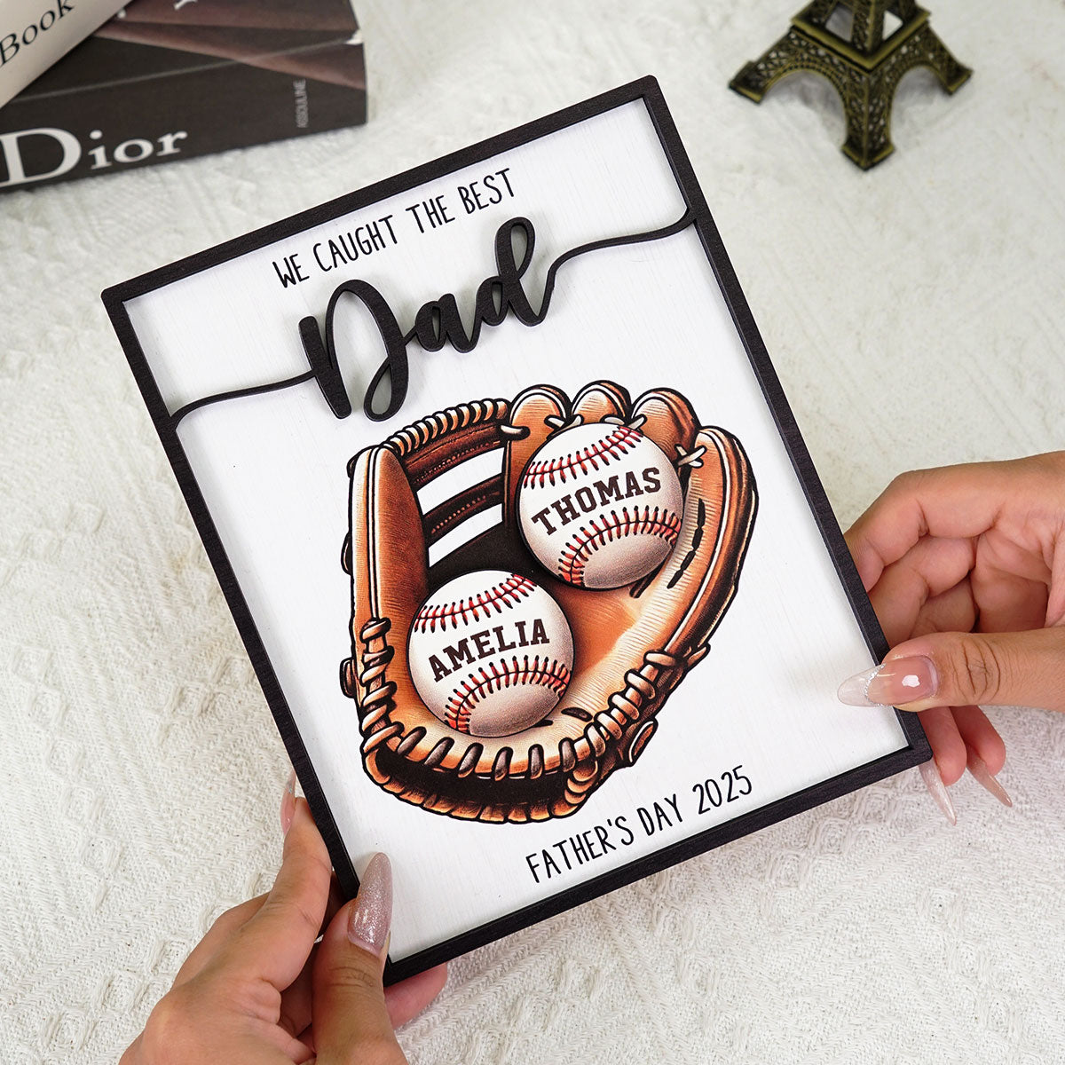 Personalized 2-Layered Wooden Plaque, Father’s Day Gift We Caught The Best Dad Throwing Ball, Custom Kid's Name