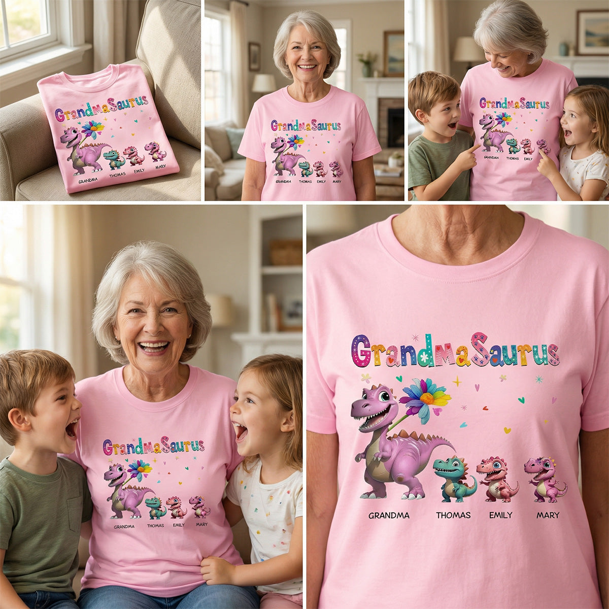 Grandmasaurus And Kids Colorful 3D Effect Dinosaurs - Personalized Shirt - Mother's Day Gift For Grandma