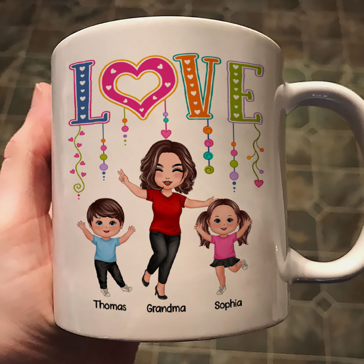 LOVE Happy Doll Grandma Mom With Kids Personalized Mug