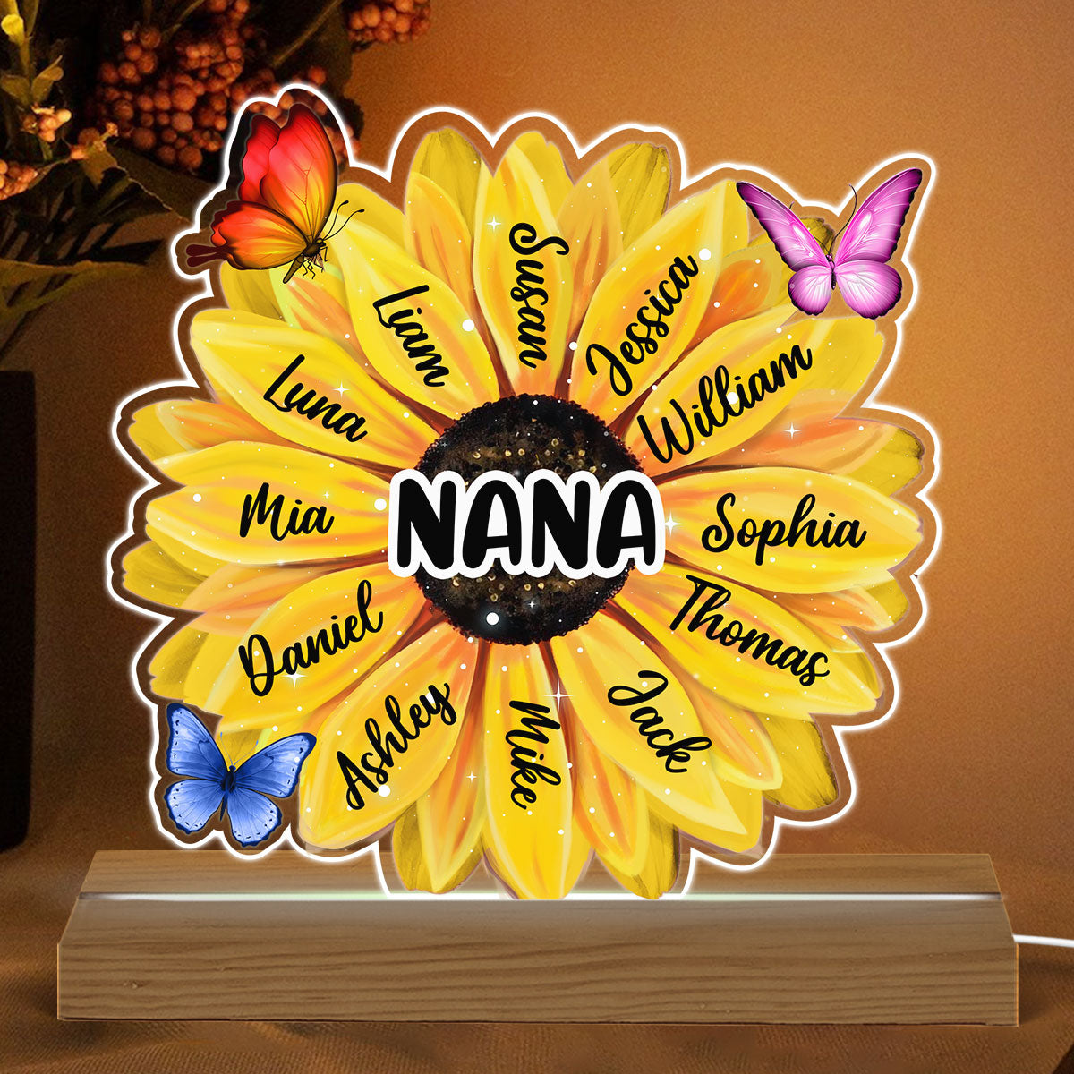 Grandma Mom Kids Names On Flowers Personalized Acrylic Custom Shape LED Night Light