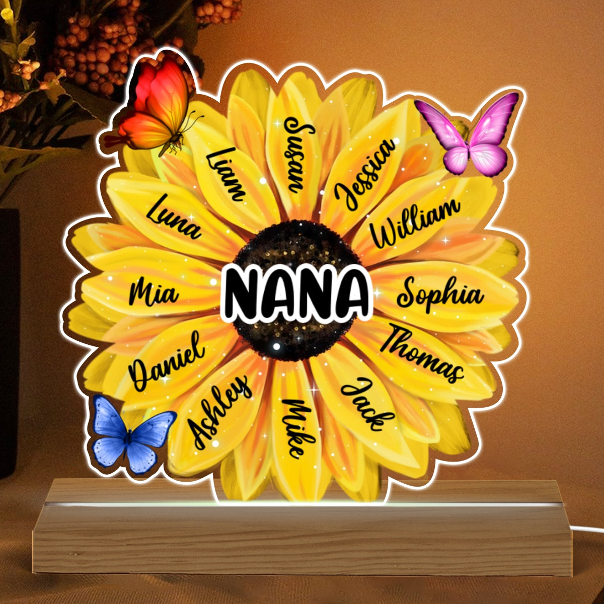 Grandma Mom Kids Names On Flowers Personalized Acrylic Custom Shape LED Night Light