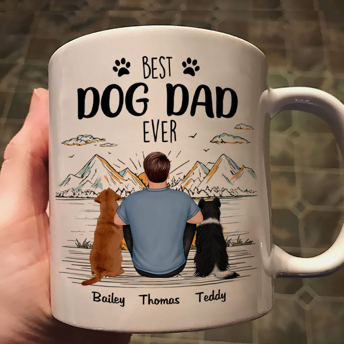 Back View Man Sitting With Dogs Best Dog Dad Ever Mountain Sketch Personalized Mug