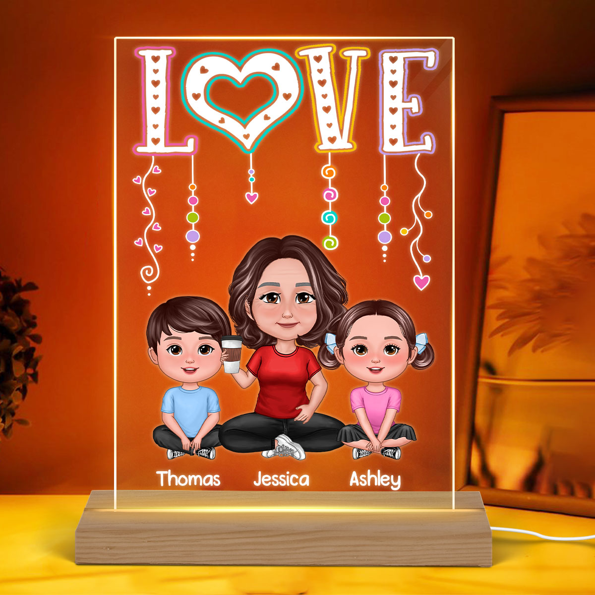 LOVE Pretty Doll Grandma Mom With Kids Personalized Rectangle Acrylic Plaque LED Night Light