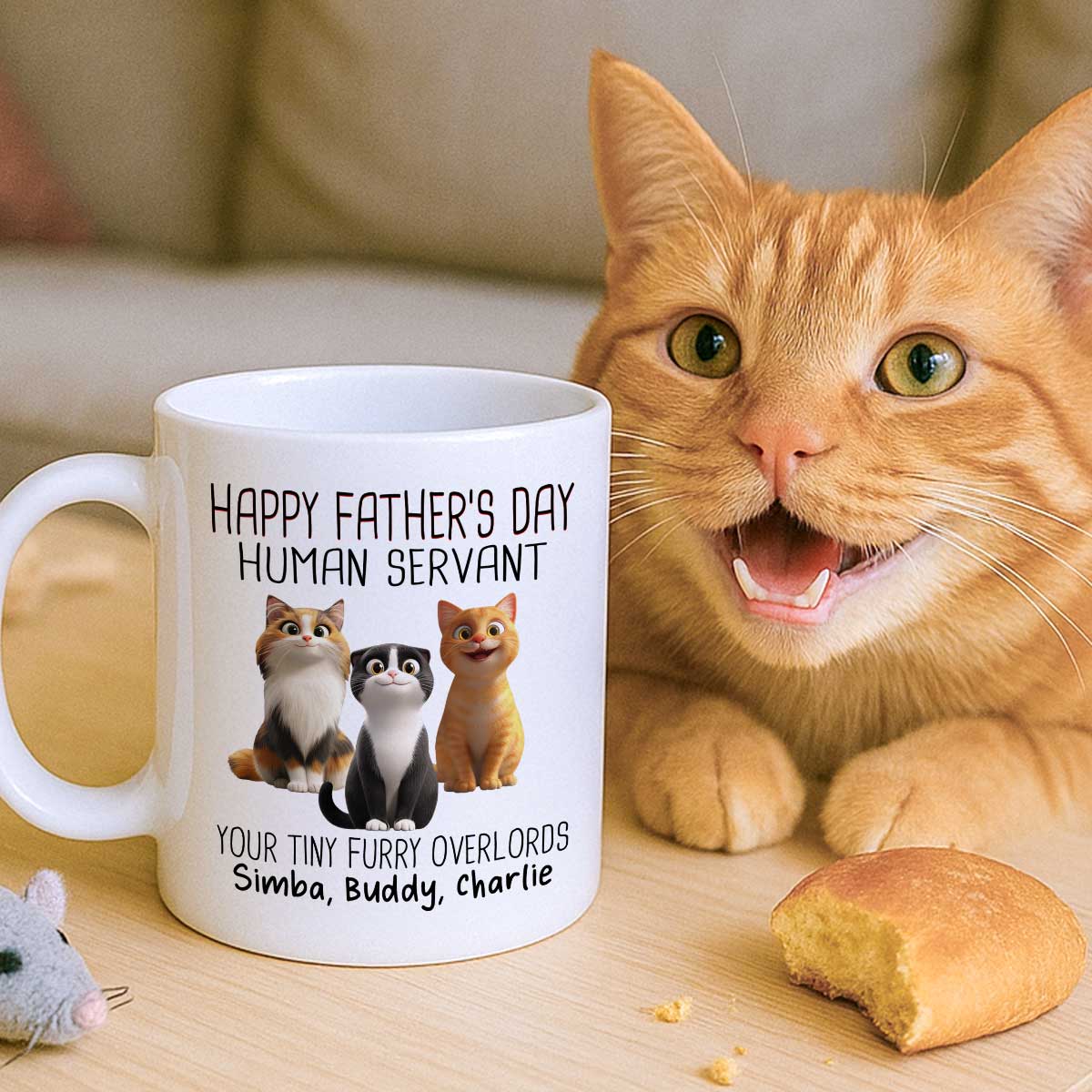 Happy Father's Day Human Servant Cartoon Funny Cats Personalized Mug, Gift For Cat Dad