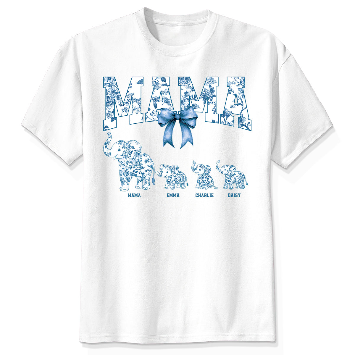 Elephant Grandma Mom Blue Floral Pattern Chinoiserie Personalized Shirt, Mother's Day gift