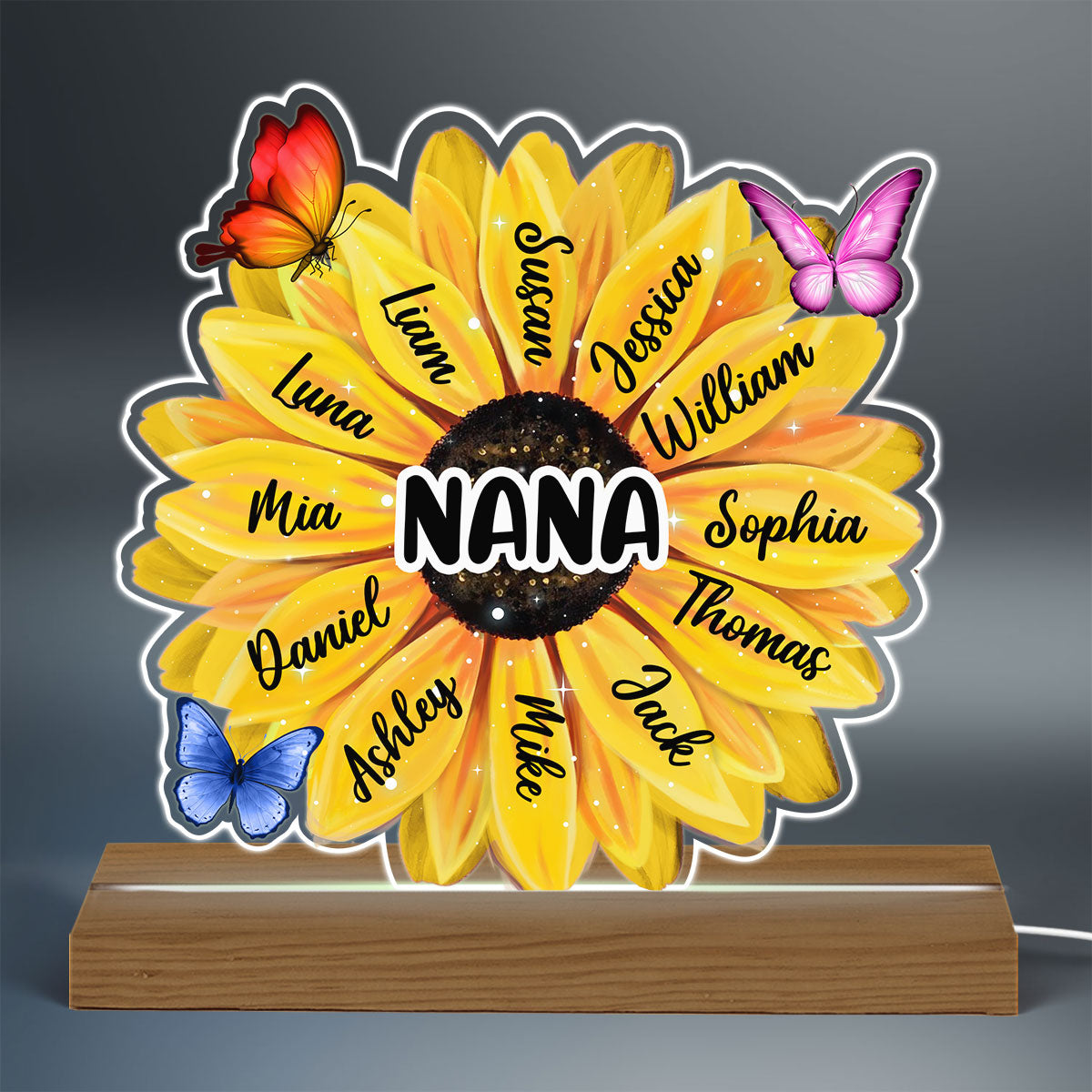 Grandma Mom Kids Names On Flowers Personalized Acrylic Custom Shape LED Night Light