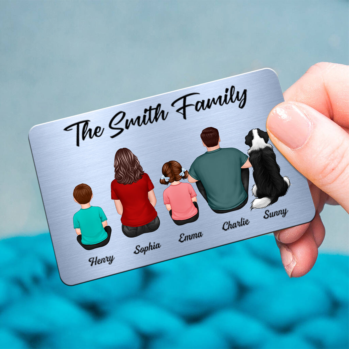 (campaign nang) Family Sitting Back View Couple Kid Dog Cat Personalized Wallet Insert Metal Wallet Card (campaign nang)