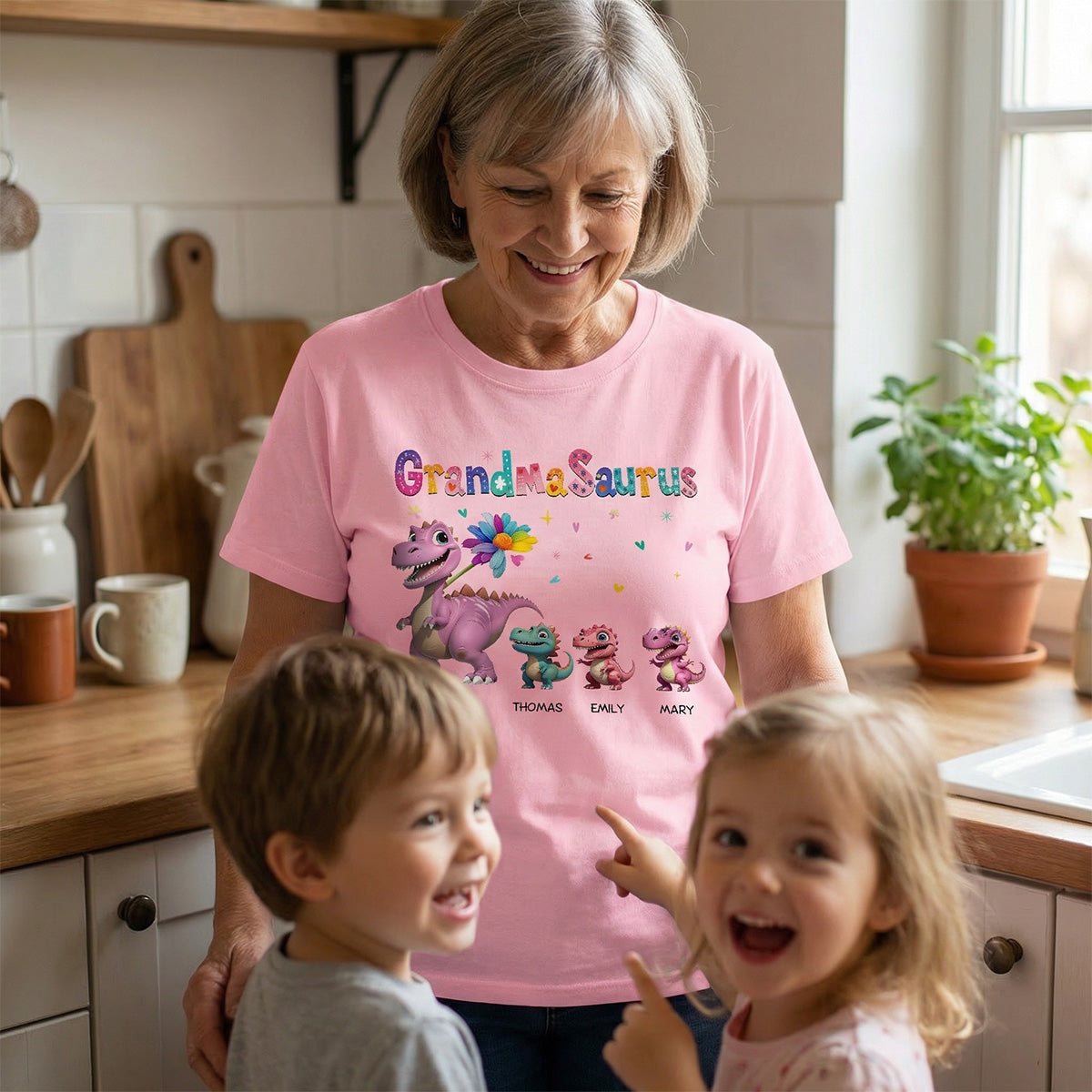 Grandmasaurus And Kids Colorful 3D Effect Dinosaurs - Personalized Shirt - Mother's Day Gift For Grandma