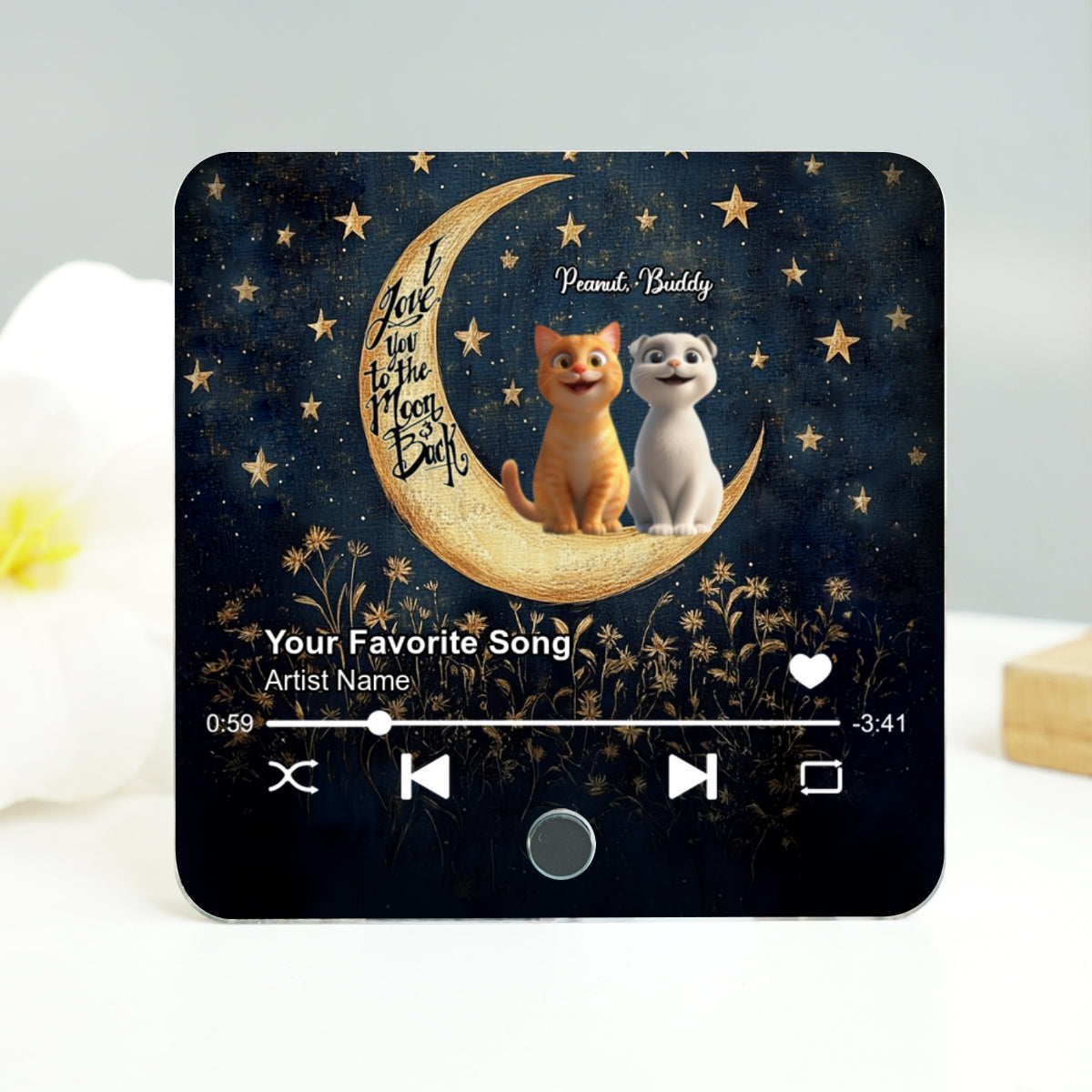 Cat Sitting On Moon Personalized Music Fridge Magnet, Gift for Cat Moms