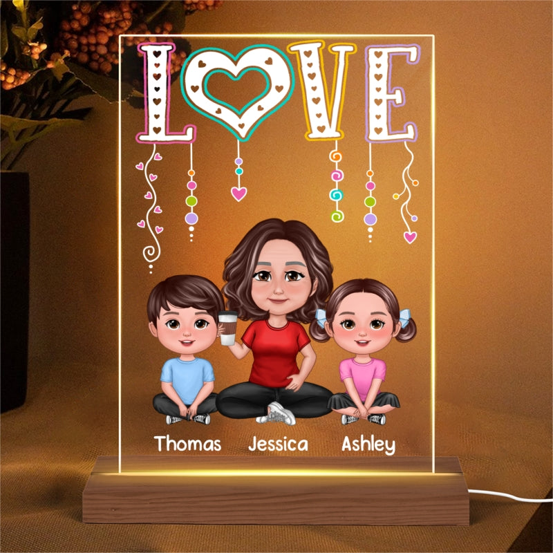 LOVE Pretty Doll Grandma Mom With Kids Personalized Rectangle Acrylic Plaque LED Night Light