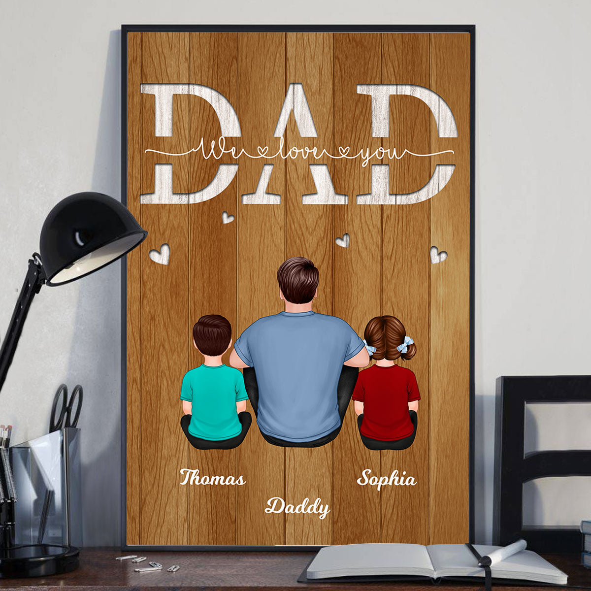 Back View Dad And Kids Dogs Cats Sitting Father‘s Day Gift Personalized Vertical Poster