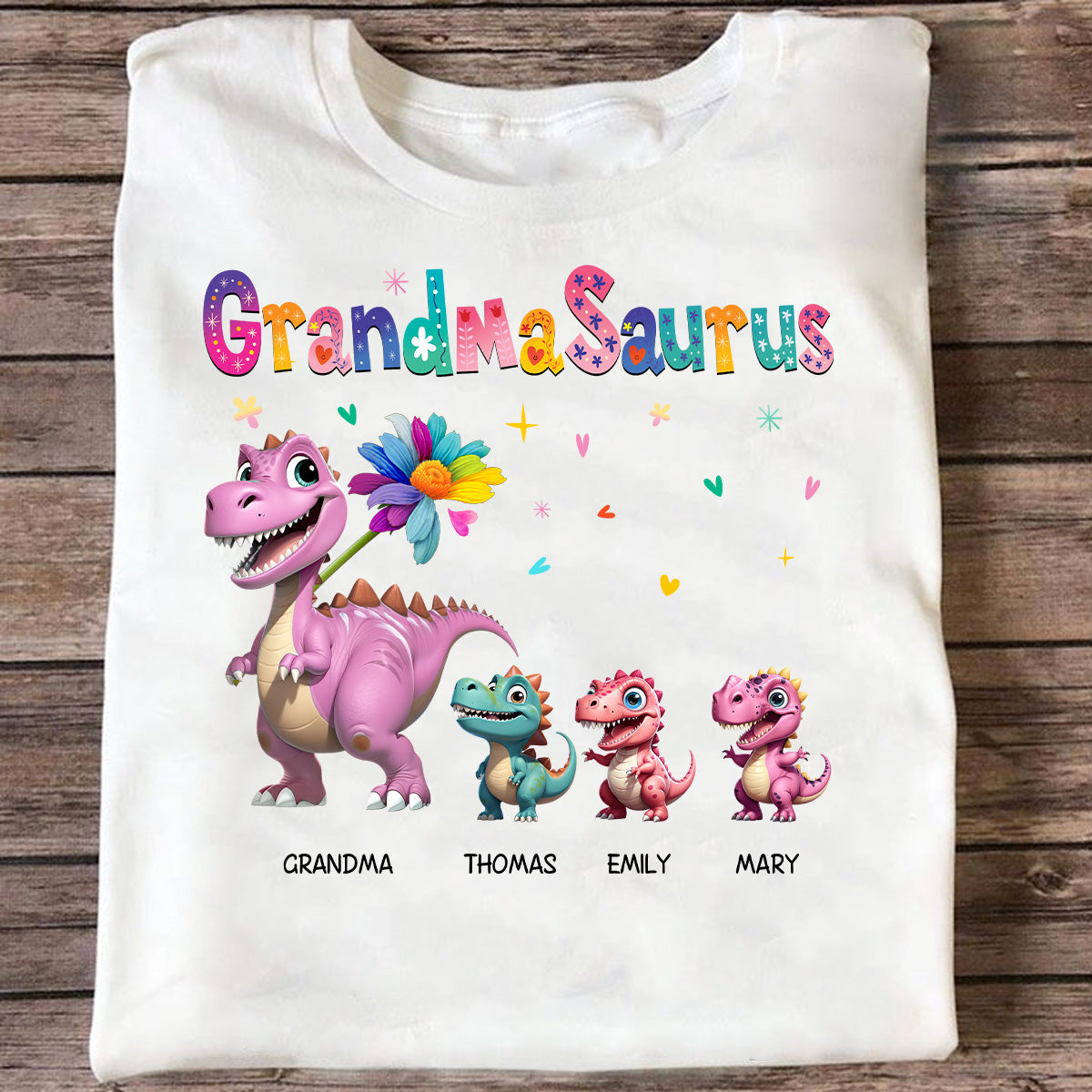 Grandmasaurus And Kids Colorful 3D Effect Dinosaurs - Personalized Shirt - Mother's Day Gift For Grandma