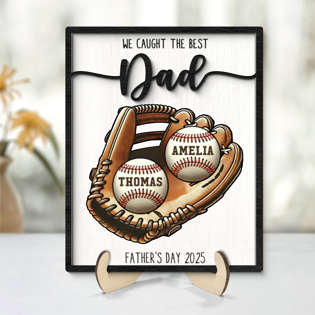 Personalized 2-Layered Wooden Plaque, Father’s Day Gift We Caught The Best Dad Throwing Ball, Custom Kid's Name