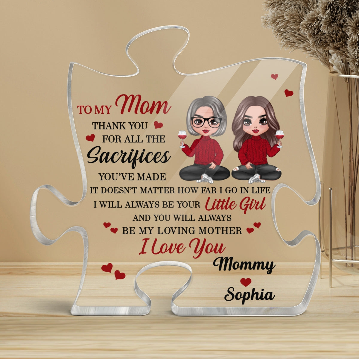 To My Mom Doll Mom And Daughter Sitting Gift For Mom Personalized Puzzle Acrylic Plaque