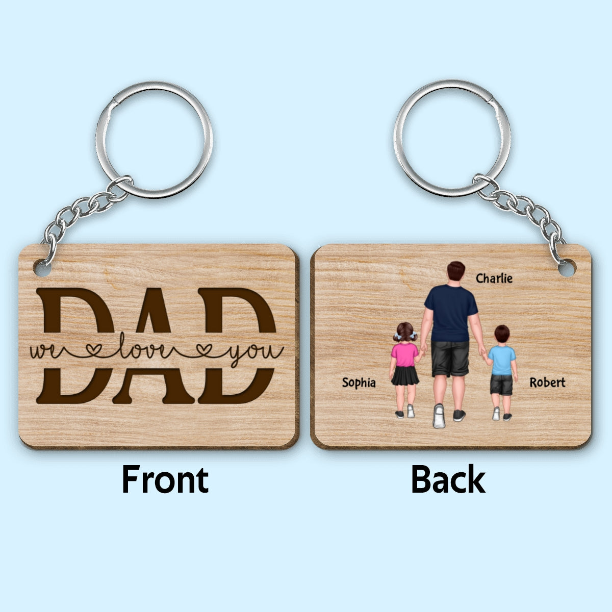 Best Dad Ever Back View Walking Dad & Kids Personalized Wooden Keychain