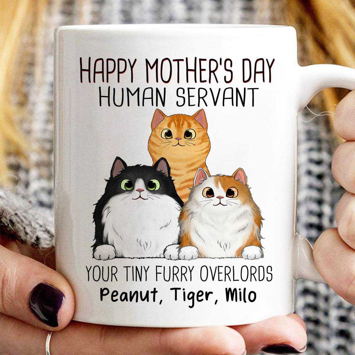 DEMO_Happy Mother‘s Day Cat Human Servant Peeking Fluffy Cats Personalized Mug