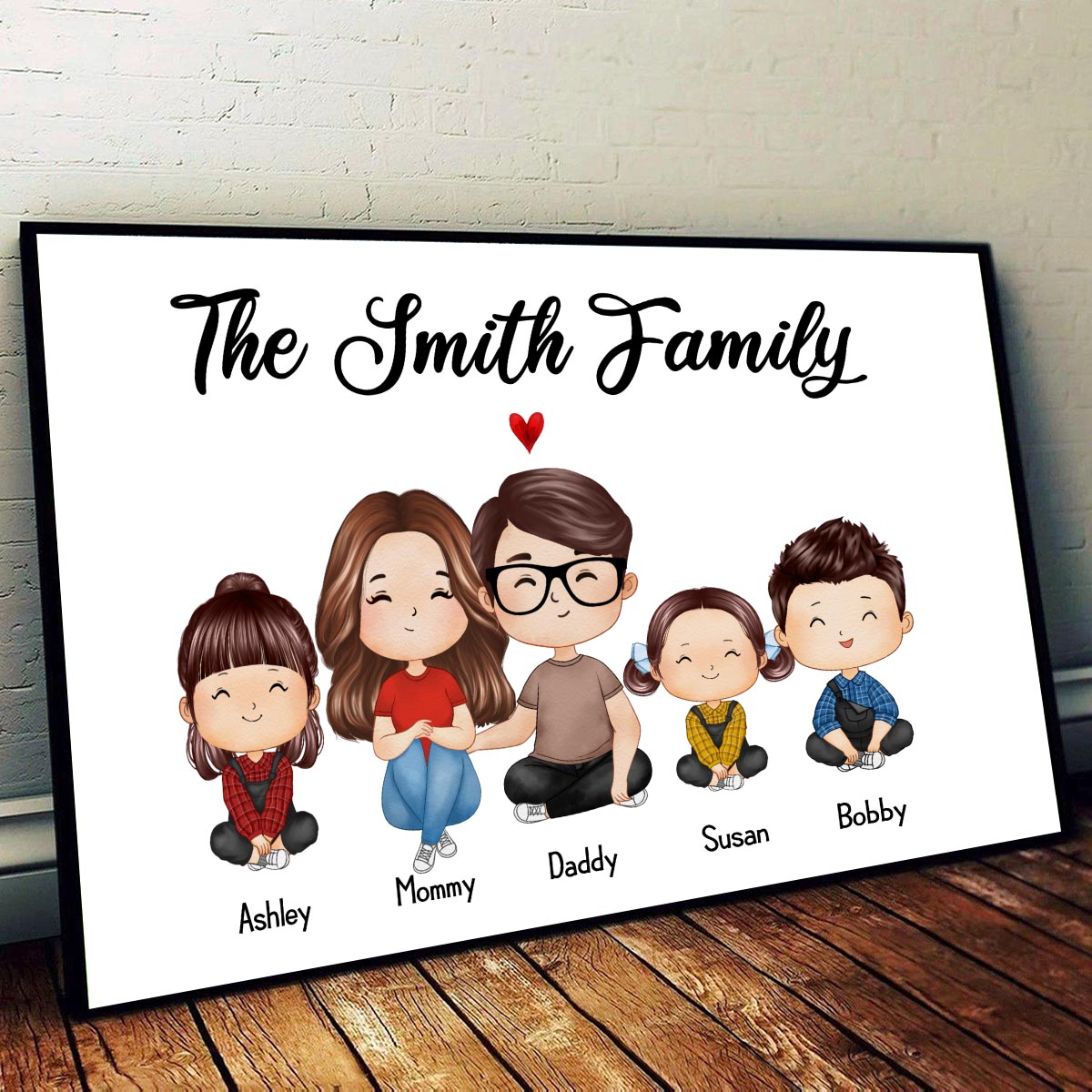 Whole Doll Family Sitting Couple Dad Mom Kids Dogs Cats Watercolor Style Personalized Horizontal Poster