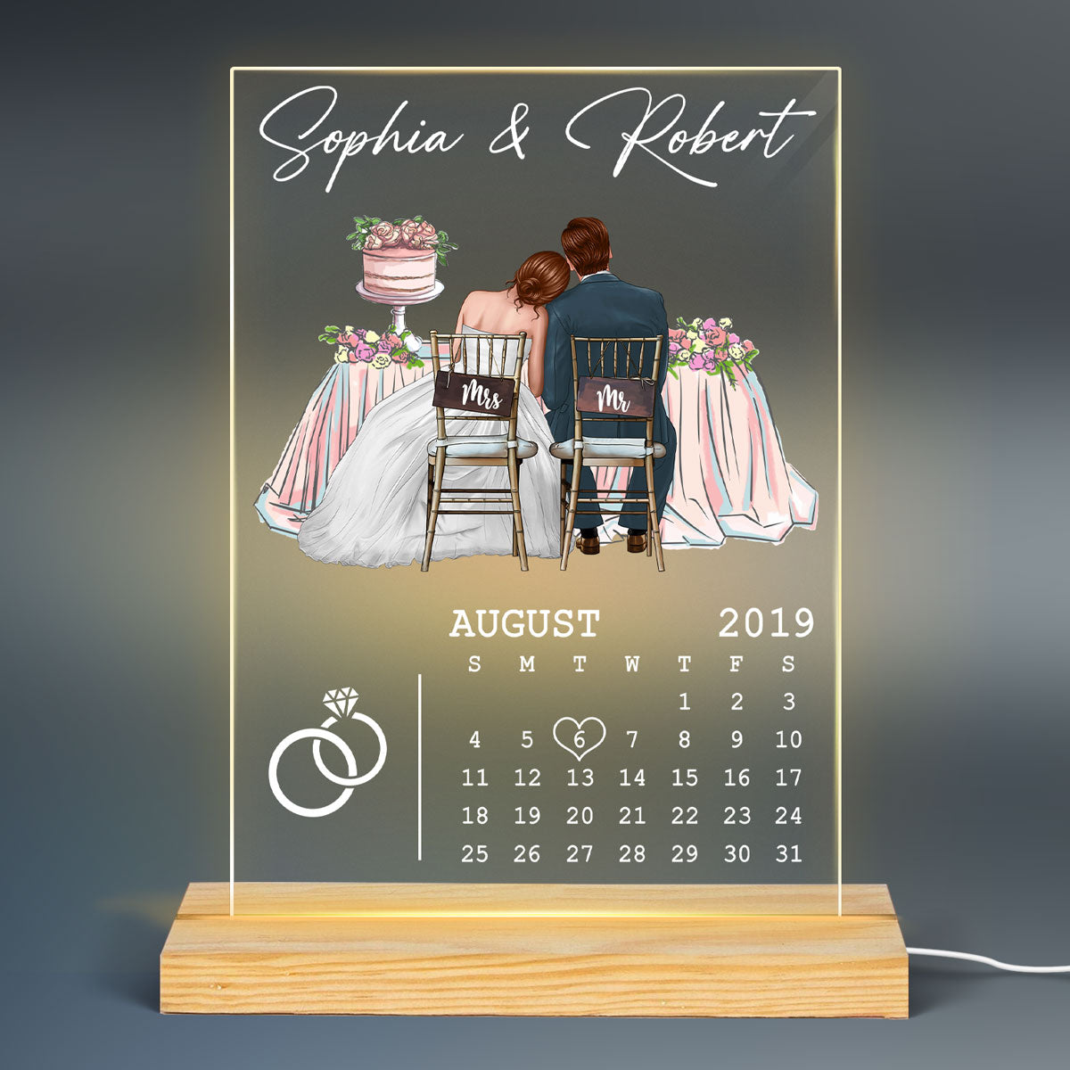 Newlywed Couple Sitting Personalized Acrylic Plaque LED Night Light - Wedding Anniversary Gift For Couple - Gift For Him - Gift For Her