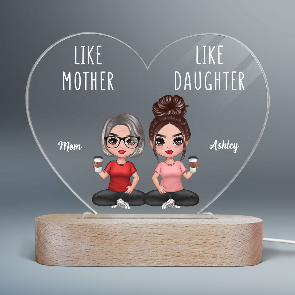 Like Mother Like Daughters Doll Mom And Daughters Sitting Gift For Mom Daughters Personalized Heart Plaque LED Night Light